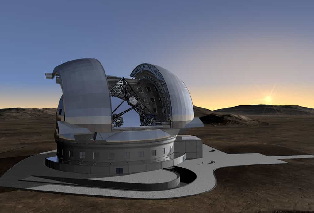 Une image de synthèse de l'E-ELT (European Extremely Large Telescope), qui laisse deviner le miroir géant de 42 mètres, constitué de 906 segments. Crédit ESO