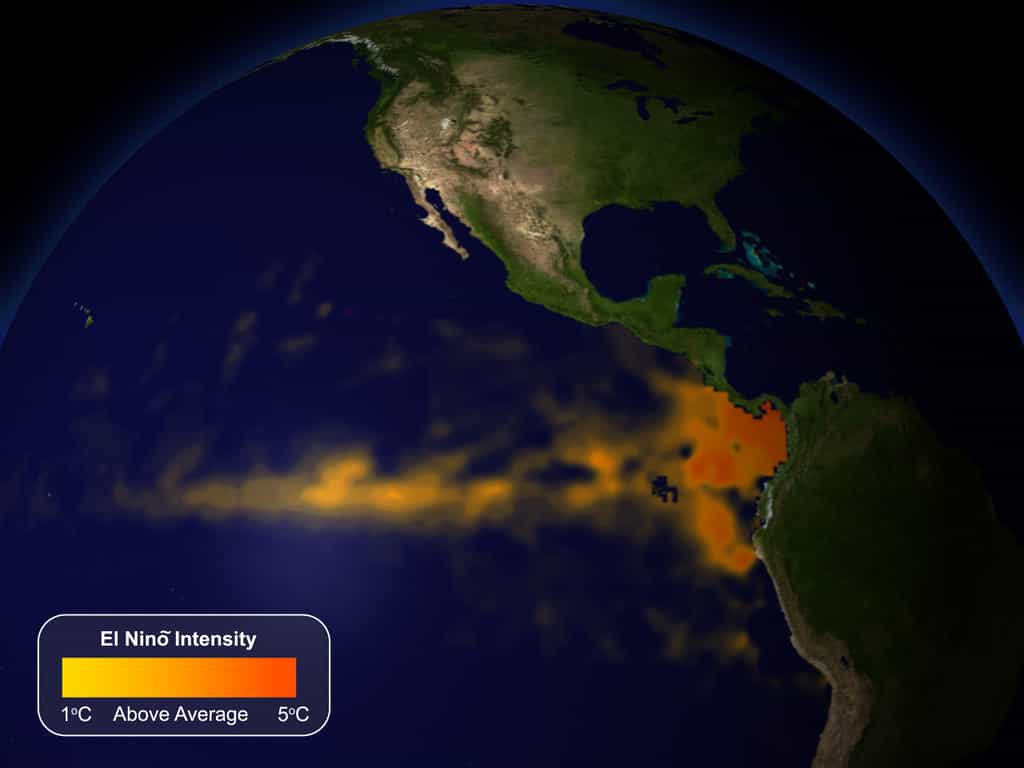 Durant un événement El Niño, les eaux sont plus chaudes que la moyenne dans l'est du Pacifique équatorial (représenté en orange sur la carte). Cette configuration océan-atmosphère affecte la météo du monde entier. Une nouvelle étude décrit un signal atmosphérique El Niño qui est très fortement associé aux impacts climatiques hivernaux aux États-Unis. © NOAA Visualization Laboratory