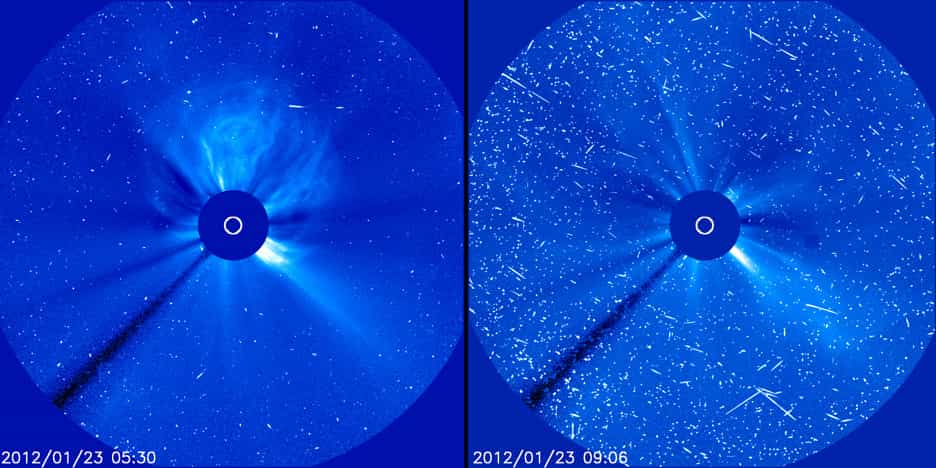 L’éruption solaire du 23 janvier 2012 observée par le coronographe C3 de l’observatoire spatial Soho. L’image de gauche montre les éjections massives de matière. Saisie quelques heures plus tard, l’image de droite révèle les traces des protons rapides qui percutent la matière déjà éjectée, donnant cet effet de neige. © Soho/Esa/Nasa