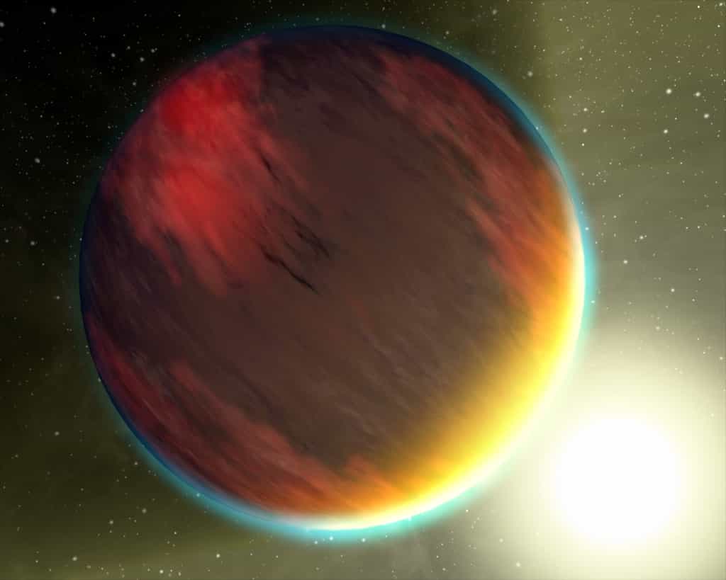 L'exoplanète HD 209458b, ou Osiris, dessinée par un artiste. Cette géante gazeuse est si proche de son étoile, dont elle fait le tour en trois jours et demi, que son atmosphère est aspirée. A l'intérieur figurent des molécules qui, sur Terre, font partie de la chimie du vivant et que les télescopes spatiaux avec des instruments sensibles à l'infrarouge peuvent détecter. © Nasa/JPL/Caltech
