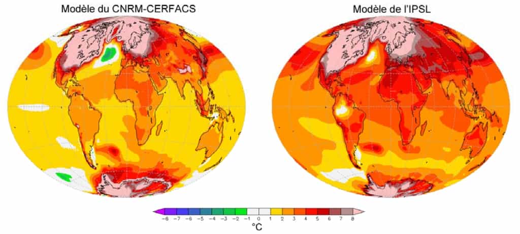 Les modèles développés par les laboratoires français peuvent également être utilisés dans le cadre d'études paléoclimatiques. Ces cartes montrent les changements de la température à la surface de la Terre entre le dernier maximum glaciaire, il y a environ 21.000 ans, et la période 1971-2000, calculés par les modèles du CNRM-Cerfacs et de l’IPSL. © Patrick Brockmann (LSCE/IPSL, CEA/CNRS/UVSQ)