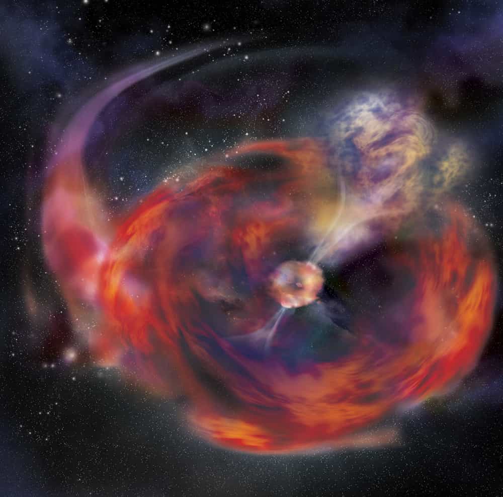 Illustration d'artiste de l'hypothèse de l'engloutissement d'une étoile à neutrons par une géante rouge, expliquant le sursaut gamma de Noël. © A. Simonnet, Nasa, E/PO, Sonoma State University