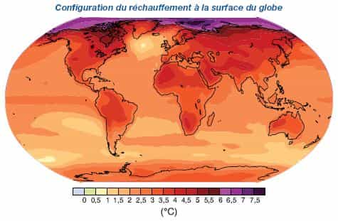 Evolution projetée de la température en surface pour la fin du XXIè siècle (2090-2099) par rapport à la période 1980-1999, selon les projections moyennes obtenues avec plusieurs modèles de la circulation générale couplés atmosphère-océan. Source : Giec