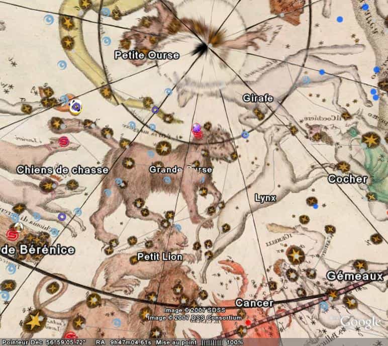 Elle n'est pas très commode pour retrouver les objets de Messier mais la carte de Rumsey et Cassini est superbe ! (capture Google Earth)