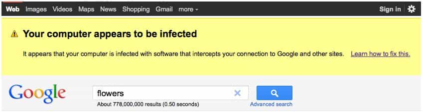 L'alerte affichée sur les ordinateurs où le moteur de recherche de Google a repéré un intrus malveillant. © Google