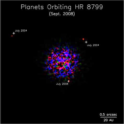 HR-8799 et son système planétaire, vus par le télescope de 8,1 mètres Gemini Nord. Crédit Université de Toronto