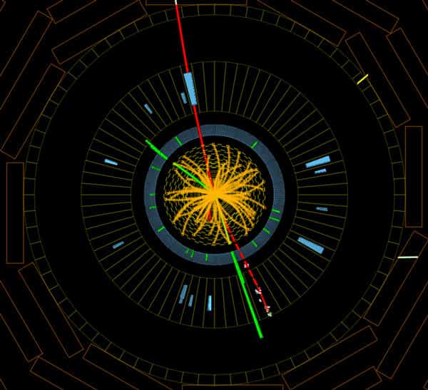 Des protons entrent en collision dans le détecteur CMS à 8 TeV, formant des bosons Z qui se désintègrent en électrons (lignes vertes) et en muons (lignes rouges). Un tel événement est compatible avec la désintégration d'un boson de Higgs du modèle standard. ©&nbsp;CMS