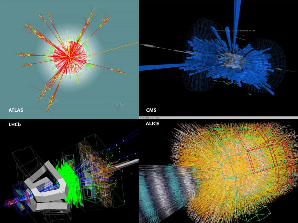 Ces quatre images montrent des simulations de réactions avec des particules élémentaires dans les collisions qui auront lieu dans les quatre détecteurs du LHC. En haut à gauche, il s'agit même de l'évaporation d'un mini trou noir dans le détecteur Atlas. Crédit : Cern