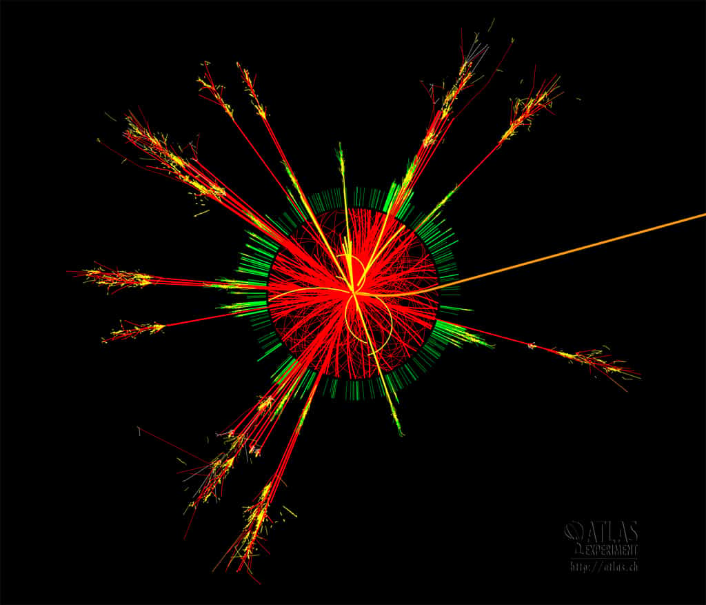 Une simulation de l'évaporation d'un mini trou noir dans le détecteur Atlas du LHC. © Cern