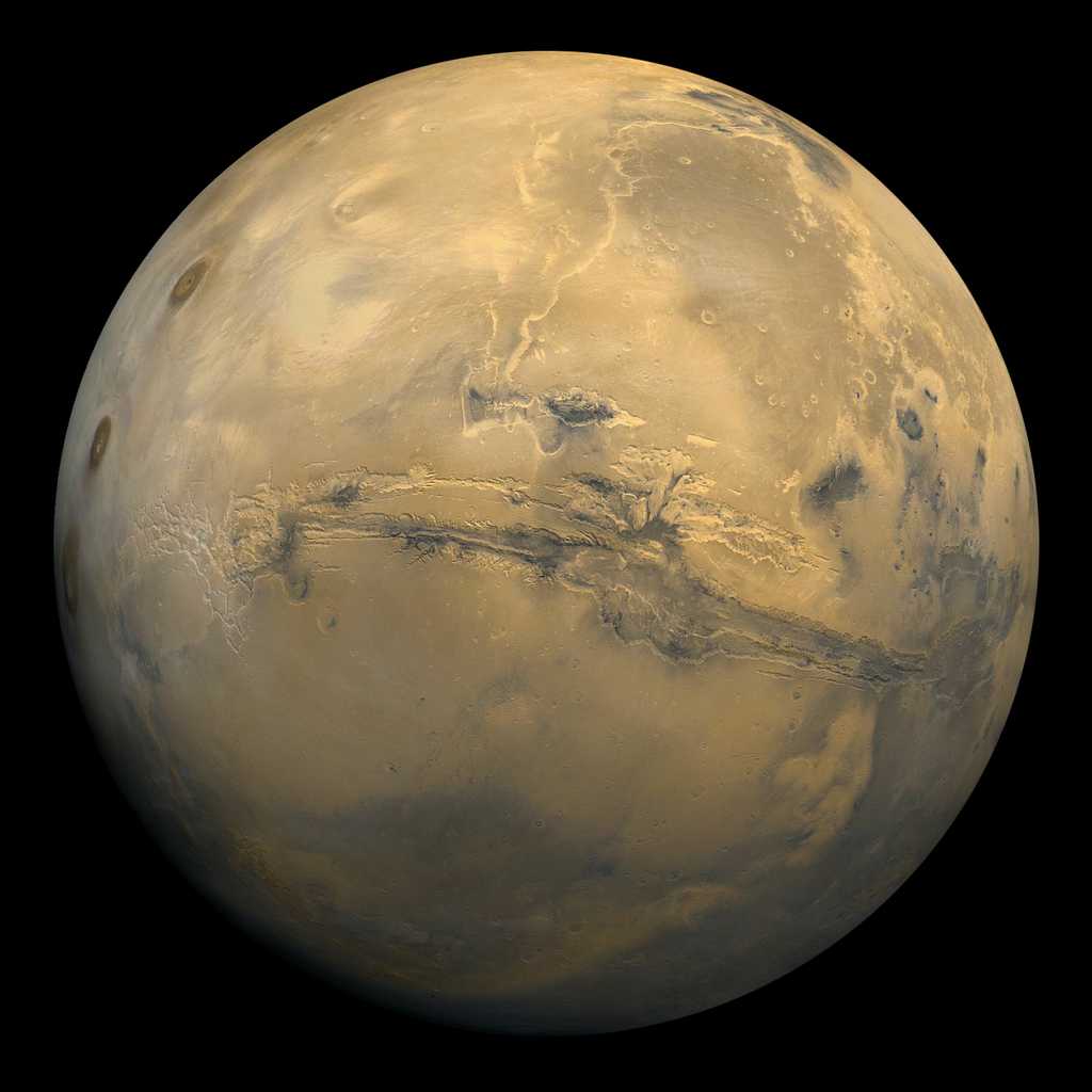 Une vue spectaculaire de la surface de Mars. On voit en particulier le fameux canyon Valles Marineris.&nbsp;© Nasa