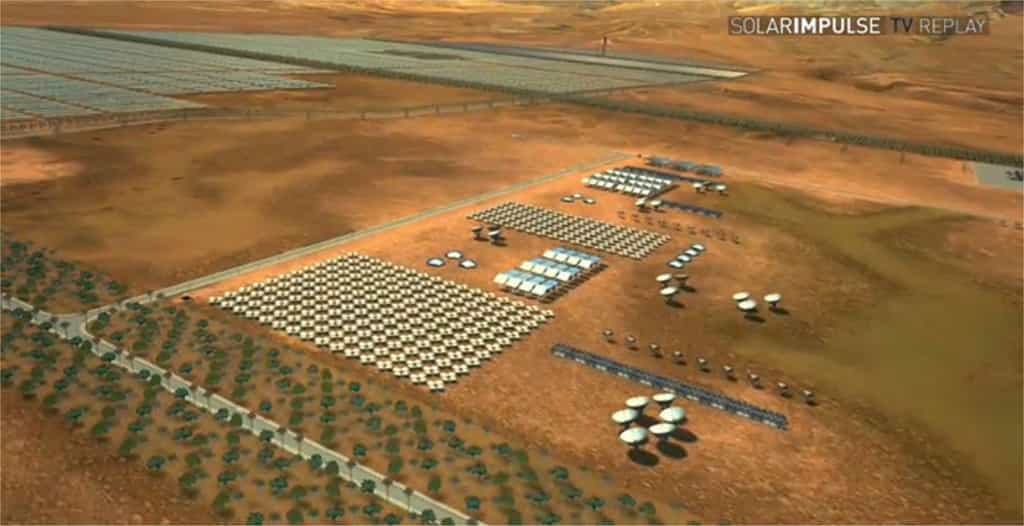 La centrale thermosolaire du projet Masen (ici une vue d'artiste), près de Ouarzazate, s'étalera sur 30 km2 et produira 100 à 125 MW dans un premier temps puis, à terme, 500 MW. © Solar Impulse