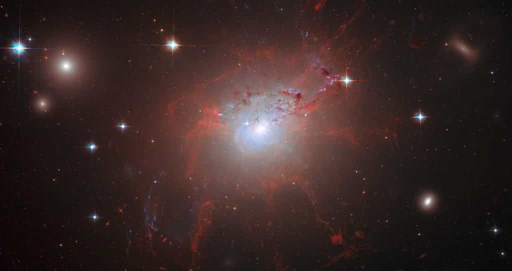 Les champs magnétiques intergalactiques sont une fenêtre sur l'avant-Big Bang. Ici, la galaxie NGC 1275, située à 237 millions d'années-lumière de la Voie lactée ; elle&nbsp;est la grande galaxie de l'amas de Persée. Elle possède des filaments de matière parfois longs de presque 20.000 années-lumière dont la stabilité semble assurée par un champ magnétique.&nbsp;© Nasa, ESA, Hubble Heritage (STScI/AURA) ; A. Fabian (IoA, Cambridge U.), L. Frattare (STScI), CXC, G. Taylor, NRAO, VLA