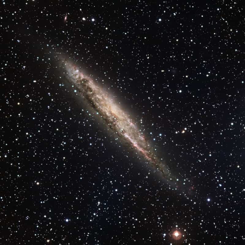 NGC 4945 vue par la tranche. Les observations laissent supposer que ce foisonnement d’étoiles est une galaxie spirale qui ressemble à notre Voie lactée, avec des bras lumineux en spirales et une barre centrale. Les zones brillantes roses révèlent les régions d’intense formation stellaire connues sous le nom de région HII. Toutefois, au-delà de ces ressemblances, le centre de NGC 4945 est beaucoup plus lumineux et accueille très certainement un trou noir super-massif qui dévore d’énormes quantités de matière et éjecte de l’énergie dans l’espace. NGC 4945 se situe à seulement 13 millions d’années-lumière, dans la constellation du Centaure. Elle apparaît magnifiquement dans cette image prise en utilisant 5 filtres (B, V, R, H-alpha et SII) avec le télescope de 2,20 mètres MGP/ESO à La Silla. Le champ est de 30 x 30 arcminutes (le nord en haut et l’est à gauche). © ESO