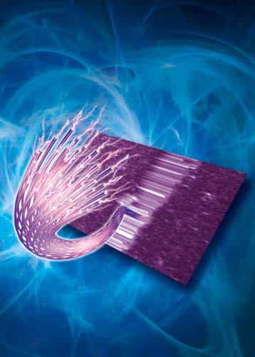 Vue d'artiste des nanofibres entre les deux électrodes, visibles ici en couleur violette (aspect reproduisant celui d'une image réalisée à l'aide d'un microscope à force atomique). L'une des nanofibres est figurée par un dessin, semblant s'échapper du faisceau. On remarque ainsi que chaque fibre se compose de plusieurs fibrilles. Les petits éclairs à l'extrémité indiquent que le courant électrique y circule très bien. © Réalisation graphique M. Maaloum, ICS (CNRS)