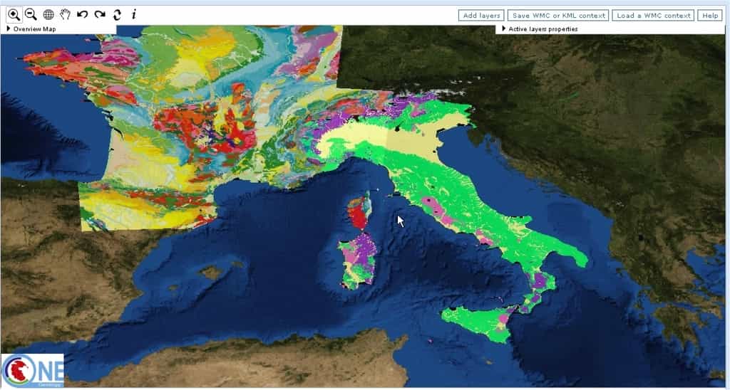 La France et l'Italie (capture d'écran de OneGeology.)