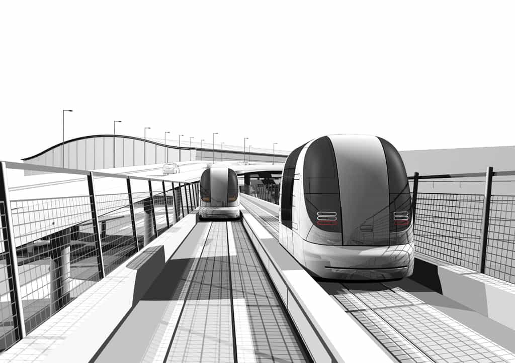 Dessin du futur UltraPRT, système de transport en cours d'installation à l'aéroport d'Heathrow. Les véhicules se déplacent sur des voies en béton et transportent 4 à 6 personnes avec leurs bagages. © Advanced Transport Systems