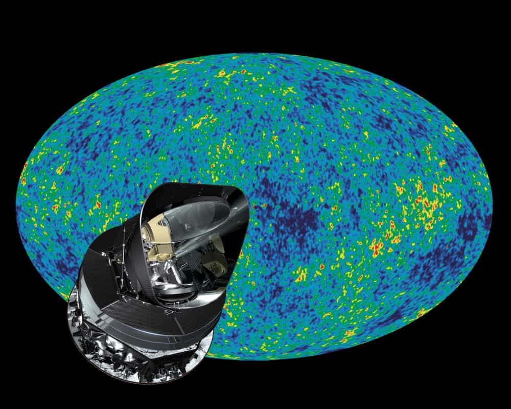 Planck fournira une image du fond diffus cosmologique avec une résolution plus fine que celle donnée par WMap que l'on voit ici en arrière plan. Crédit : Esa (AOES Medialab) ; arrière-plan Nasa/WMap