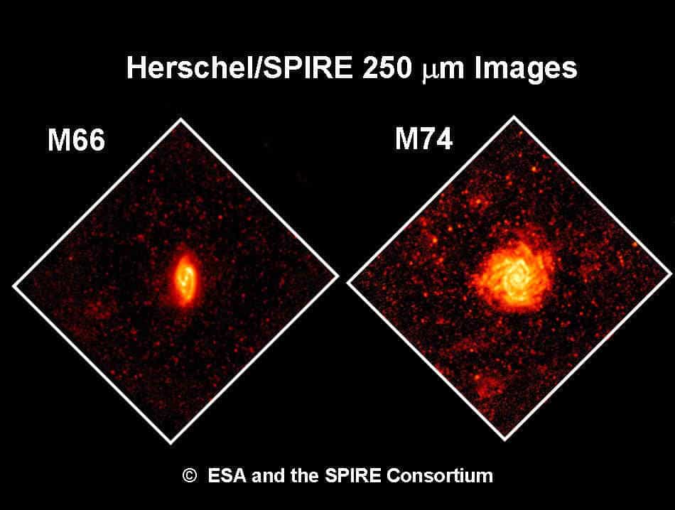 Spire livre déjà d'excellentes images dans l'infrarouge des lieux de formation des étoiles dans les galaxies Messier 66 et 74. Crédit : Esa