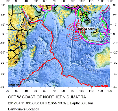 Le séisme s'est produit à l'ouest de Sumatra, là où se rencontrent les plaques tectoniques eurasienne et indo-australienne. C'est dans cette même zone que s'était produit un séisme de magnitude supérieure à 9 le 26 décembre 2004. © USGS