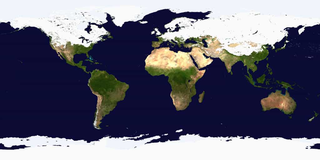 Comme le montre cette carte globale de la Terre, le froid, qui a d’abord touché une grande partie de l’Europe et l’est des États-Unis, s’étend jusqu’au continent asiatique. La neige et la glace recouvrent l’hémisphère nord d’un manteau blanc épais de plusieurs centimètres. © Nasa/Noaa/Center for Satellite Applications and Research