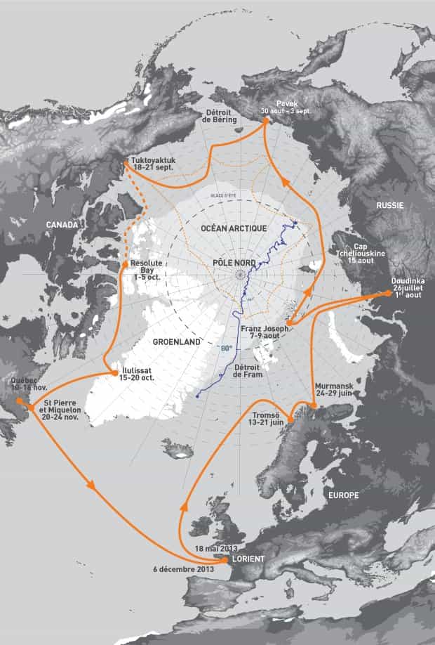 Le parcours de la mission Tara Oceans Polar Circle. Après la Norvège, la goélette Tara naviguera au nord des côtes russes et atteindra l'Alaska en septembre 2013. En passant au-dessus de l'archipel canadien, le navire arrivera à Saint-Pierre-et-Miquelon à la fin de novembre, alors que les glaces auront refermé derrière lui le passage du nord-ouest. Début décembre, le voilier retrouvera Lorient, son port d'attache. © Tara Oceans Polar Circle