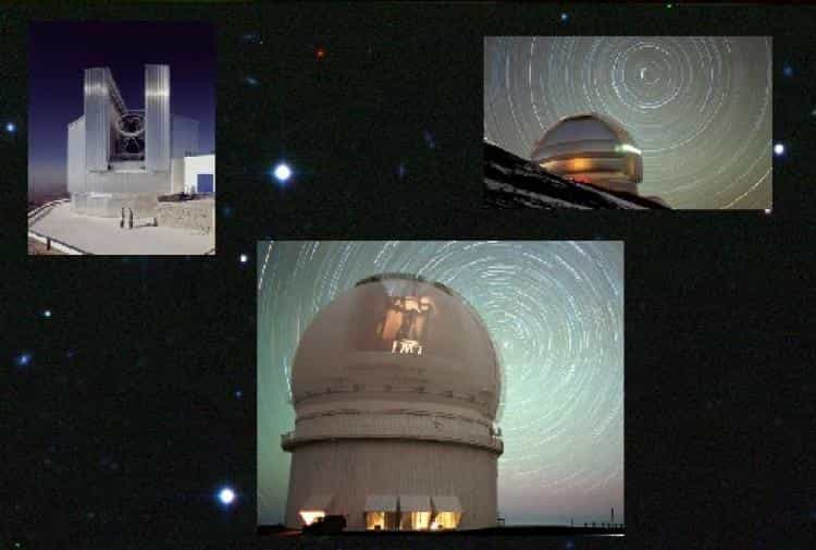 Les trois télescopes de la découverte : en bas le CFHT, en haut à gauche le NTT et en haut à droite Gemini Nord. © J.-C. Cuillandre, CFHT ; ESO ; Gemini Observatory/Aura