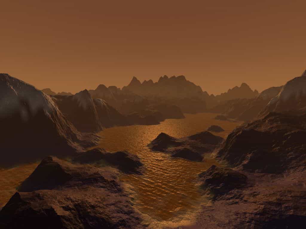 Lacs de méthane sur Titan (vue d'artiste). Crédit Nasa/JPL