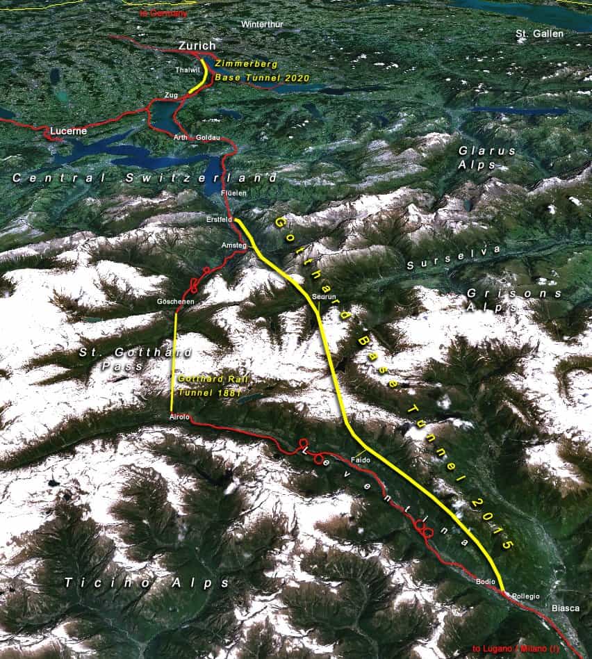 Les deux tunnels ferroviaires sous le massif du Saint-Gothard, au centre de la Suisse, à la frontière de quatre cantons. Le premier, à gauche, date de 1881, et se trouve à plus de 1.100 mètres d'altitude. Le second, qui vient d'être percé, est dit « de base » car il se situe à seulement 550 mètres au-dessus du niveau de la mer. © Cooper.ch / Licence Commons