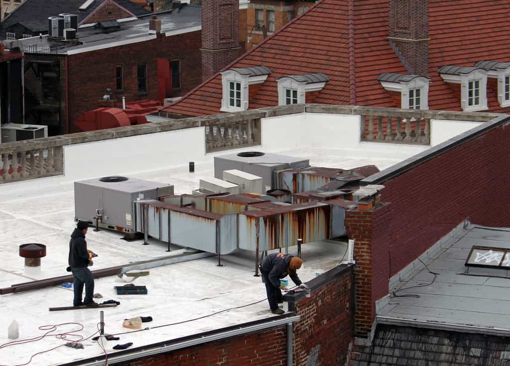 Une équipe de construction travaille sur un toit blanc dans Washington, D.C. © Maria-José Viñas / American Geophysical Union