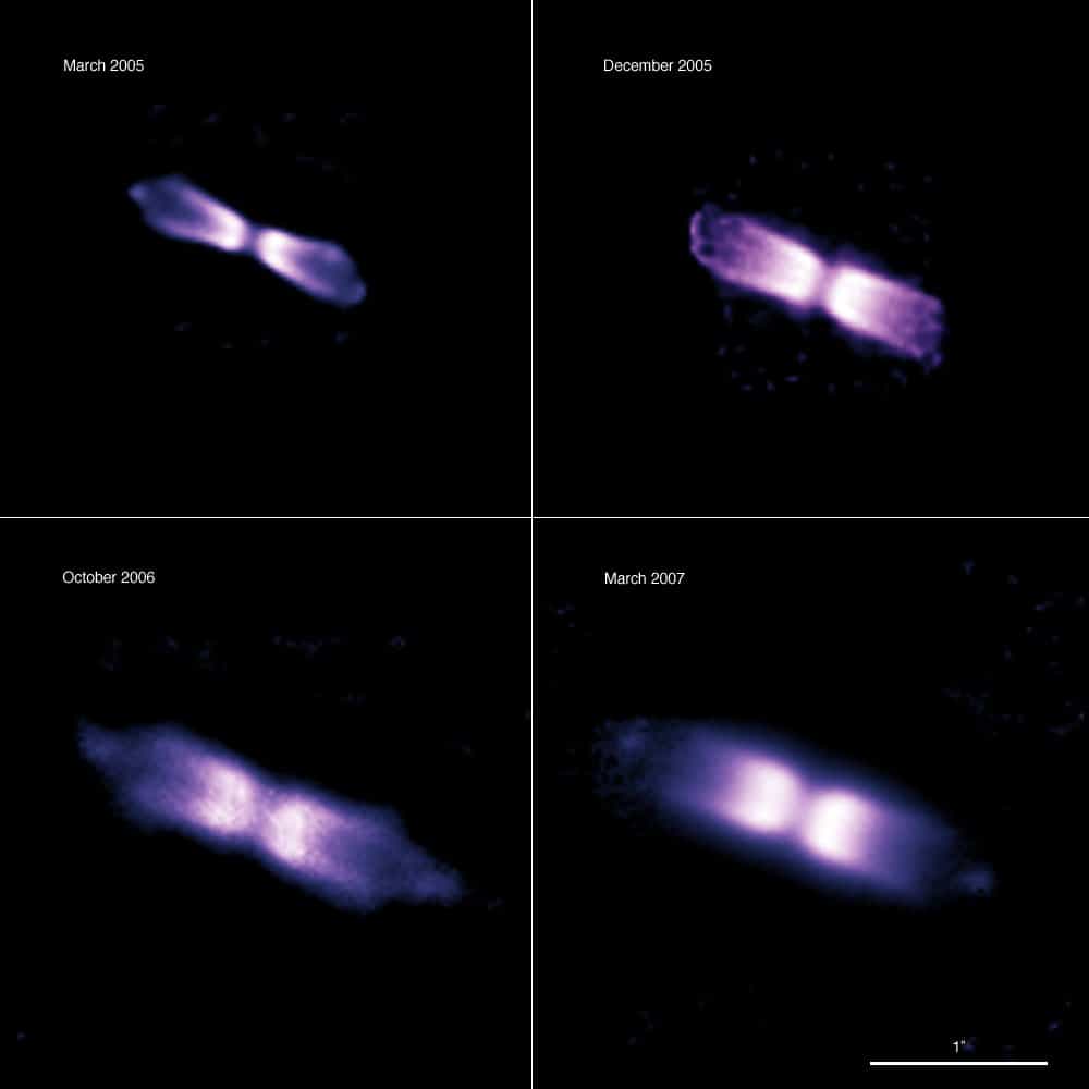 Le système binaire avec l'étoile V445 Pupis et la coquille de matière éjectée par la nova de novembre 2000. On voit nettement l'évolution au cours du temps. Crédit : ESO