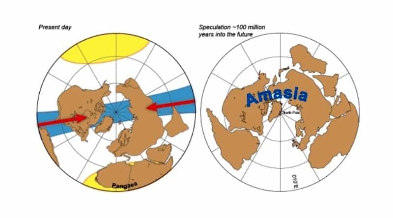 Schémas illustrant la formation du prochain supercontinent proposée par les géophysiciens. Ce sera l'Amasie (Amasia en anglais). © Mitchell et al, Nature