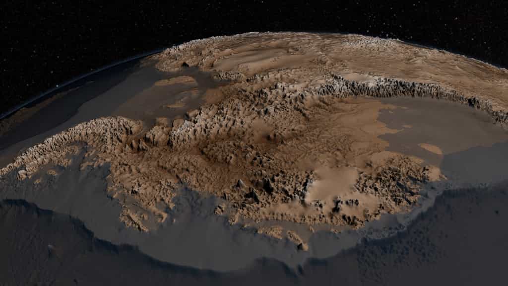 Sur cette image déduite des données collectées pour Bedmap2, la topographie réelle de l'Antarctique est révélée. Les altitudes ont été multipliées par 17, afin de rendre le relief plus facilement interprétable. © Nasa's Goddard Space Flight Center