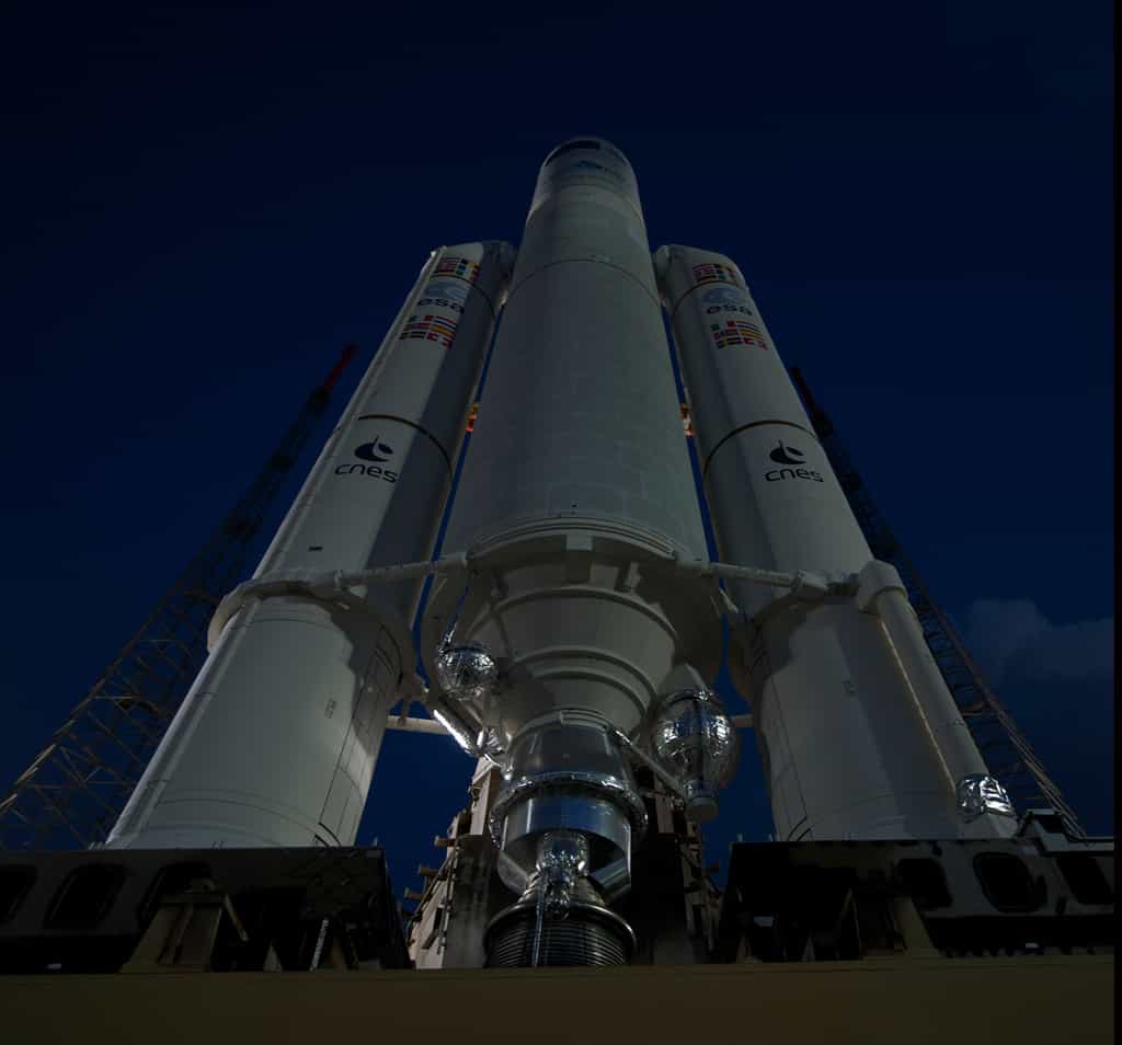 Ce premier vol de l'année d'une Ariane 5, sur les six prévus, sera le 68e&nbsp;lancement d'une&nbsp;Ariane 5 et la 212e&nbsp;mission d'Arianespace. Il intervient après une série de 53 succès consécutifs du lanceur Ariane 5. © S. Corvaja, Esa