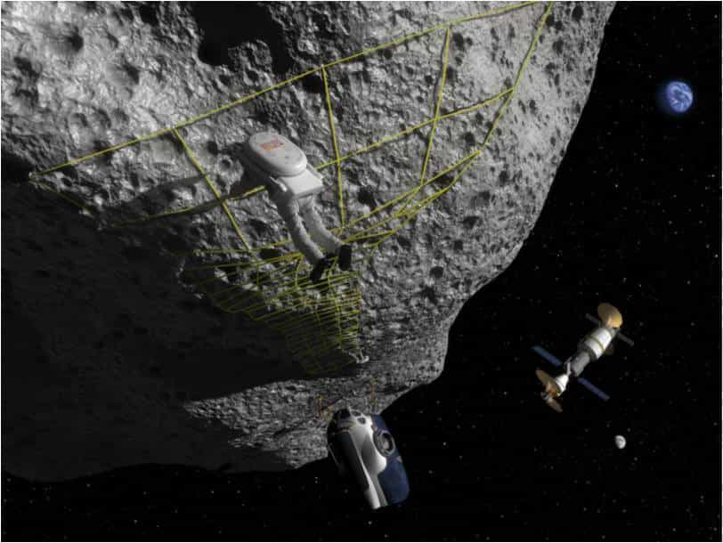 Une image d'artiste montrant ce que serait une mission d'exploration d'un astéroïde. Une telle mission est sans doute possible d'ici 10 à 20 ans. Mais si l'on se propose de vraiment exploiter un géocroiseur pour en extraire du minerai, il faudra attendre bien plus longtemps. En attendant, les astronautes s'entraînent, avec les missions Neemo. © Nasa