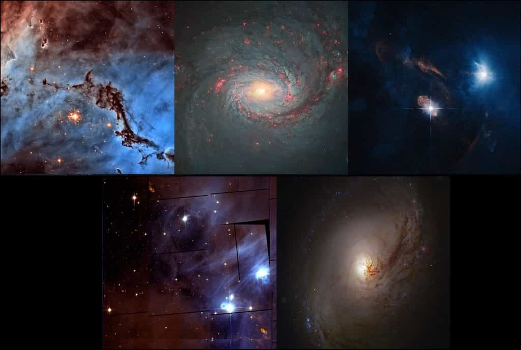 Les cinq images arrivées en tête du concours proposé par l'Esa pour dénicher et traiter des clichés inconnus pris par le télescope Hubble. De gauche à droite et de haut en bas : NGC 1763 (©&nbsp;Nasa, Esa, Josh Lake), Messier 77 (©&nbsp;Nasa, Esa, Andre van der Hoeven), XZ Tauri (©&nbsp;Nasa, Esa, Judy Schmidt), Chamaeleon I (©&nbsp;Nasa, Esa, Renaud Houdinet), Messier 96 (©&nbsp;Nasa, Esa, Robert Gendler).

