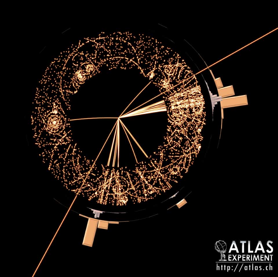 Une simulation de la production de particules supersymétriques vue par le détecteur Atlas du LHC. Crédit : Cern