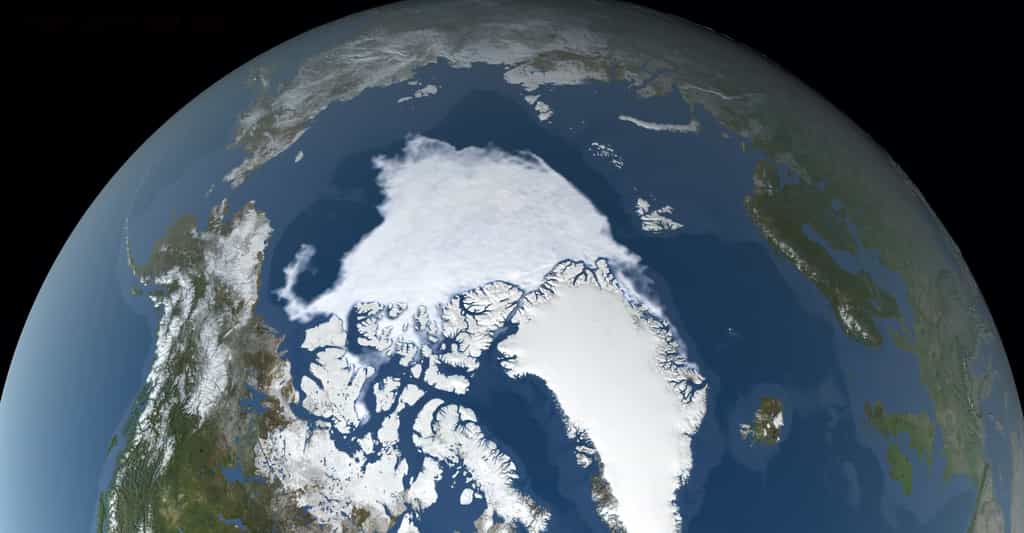 Dans l’océan Arctique, la glace de mer a atteint une étendue minimale de 3,74 millions de km2 ce 15 septembre 2020, la deuxième plus faible étendue depuis le début des enregistrements. © Nasa’s Scientific Visualization Studio