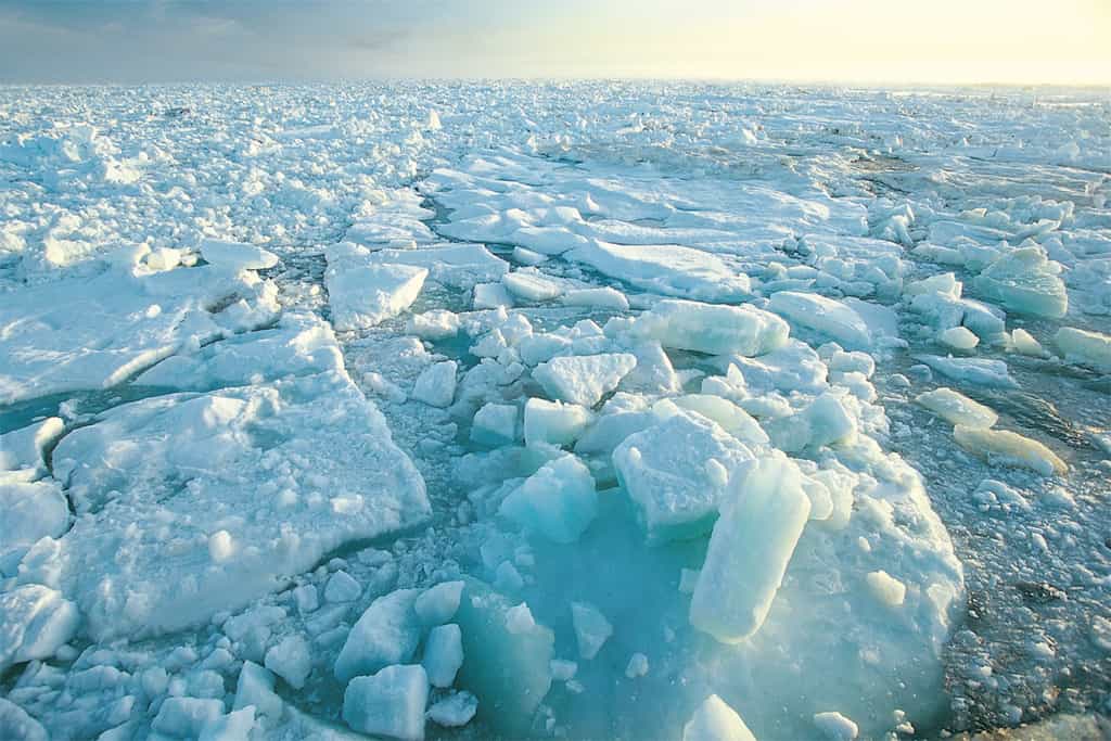 La répartition de la masse autour de l’axe de rotation de la Terre est modifiée par la fonte des glaces. La position des pôles géographiques en est affectée. Par exemple, le pôle Nord se dirige actuellement vers le Groenland. © Esa