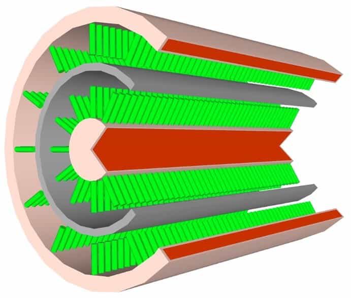 Voici une vue schématisée du câble-batterie inventé par des chercheurs de l’université centrale de Floride. Au cœur du câble, un fil de cuivre entouré d’une gaine hérissée de « nanobarbes » (en vert) traitées pour créer une électrode. Cette première couche est isolée (gaine gris foncé) afin d’ajouter la seconde électrode elle-même composée de nanobarbes. Les deux structures cohabitent, l’une faisant circuler l’électricité, l’autre la stockant. © Université de Floride centrale