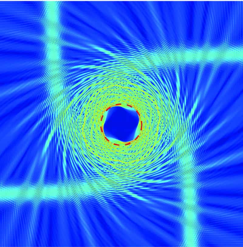 Un métamatériau en GaInAsP dévie les rayons lumineux à la façon dont le ferait un trou noir dans certaines conditions. C'est ce qui se passe ici. Crédit : Berkeley Lab