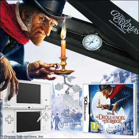 Les lots du concours "Le drôle de Noël de Scrooge" : 1 console DSi et un jeu Scrooge, 35 x 2 places de cinéma, 10 montres, 25 porte-clés - Crédits DR.
