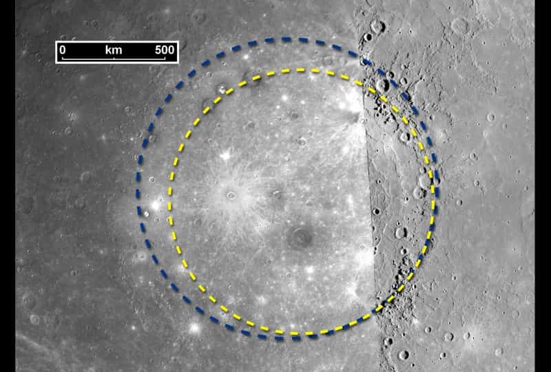 L'immense bassin Caloris (cercle bleu) est encore plus grand que ce que l'on croyait (cercle jaune). © Nasa/Johns Hopkins University Applied Physics Laboratory/Carnegie Institution of Washington