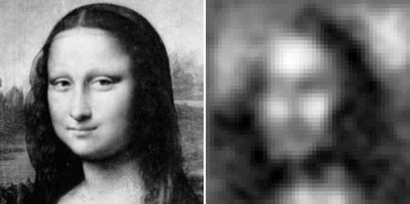 Sur la gauche une image de Mona Lisa et sur la droite la même, observée par le Planar Fourier Capture Array (PFCA). © Molnar lab.