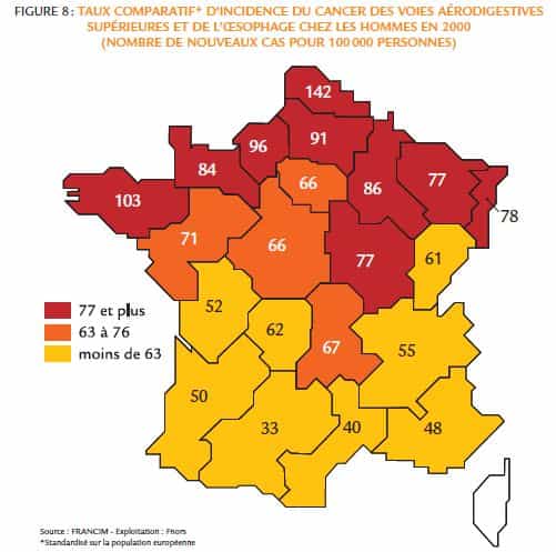 Répartition des cancers des voies digestives en 2000 sur le territoire français. Source INCA