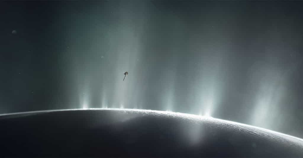 Encelade et ses panaches vus par Cassini. © Nasa, JPL-Caltech