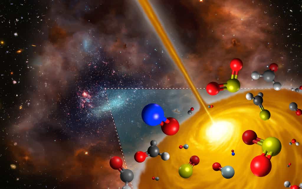 Sur cette vue d’artiste figurent les molécules détectées par Alma au sein d’un noyau moléculaire chaud du Grand Nuage de Magellan. Ce noyau est le tout premier objet de ce type découvert à l’extérieur de la Voie Lactée. Sa composition chimique diffère notablement de celle qui caractérise les semblables objets découverts dans notre galaxie. Cette image a été constituée à partir des sources suivantes : ESO/M. Kornmesser ; Nasa, ESA, S. Beckwith (STScI) et l’équipe de l’HUDF ; Nasa/ESA et l’équipe en charge des archives d’Hubble (AURA/STScI)/HEI. © ESO, FRIS, Tohoku University