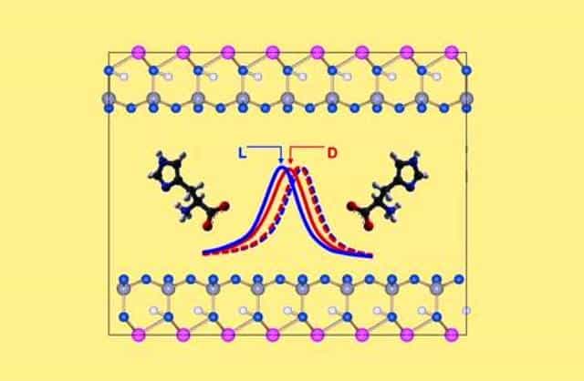 La structure en feuillet de l'argile interagit différemment avec les versions gauche et droite de l'histidine, un acide aminé. © Oxford University