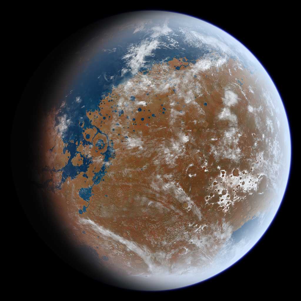 Ce n’est pas notre Terre, mais bien une vue d’artiste de la planète Mars tel qu’elle a pu se présenter par le passé, avec un climat plus doux que celui qu’elle connait aujourd’hui. Selon des chercheurs de l’université de Chicago (États-Unis), grâce à des nuages de glace d’eau formés en altitude et à l’effet de serre qu’ils ont provoqué. © Ittiz, Wikipedia, CC by-SA 3.0