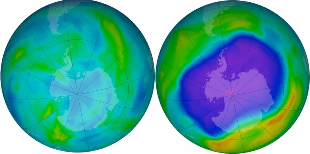Le trou dans la couche d'ozone au-dessus de l'Antarctique s'ouvre et se ferme au gré des saisons (avril 2006 à gauche et septembre 2006 à droite). Dans cette région, la quasi-totalité de l’ozone entre 15 et 20 km d'altitude se trouve détruite chaque année au printemps. L’épaisseur totale d’ozone est alors diminuée de moitié. Une diminution de l’ozone se produit également, mais avec une moindre amplitude, au printemps au-dessus de l’Arctique. © NOAA, KNMI, Esa