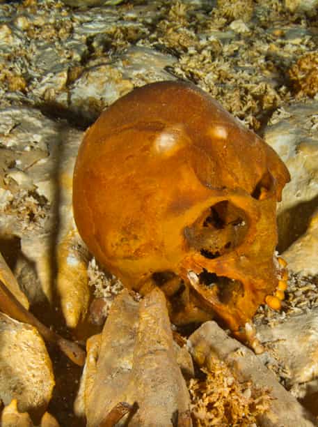 Les explorateurs furent choqués à la vue, dans l'eau transparente, des orbites noires et des dents très bien conservées du crâne fossile de l'une des premières Amérindiennes du continent. © Roberto Chavez Arce